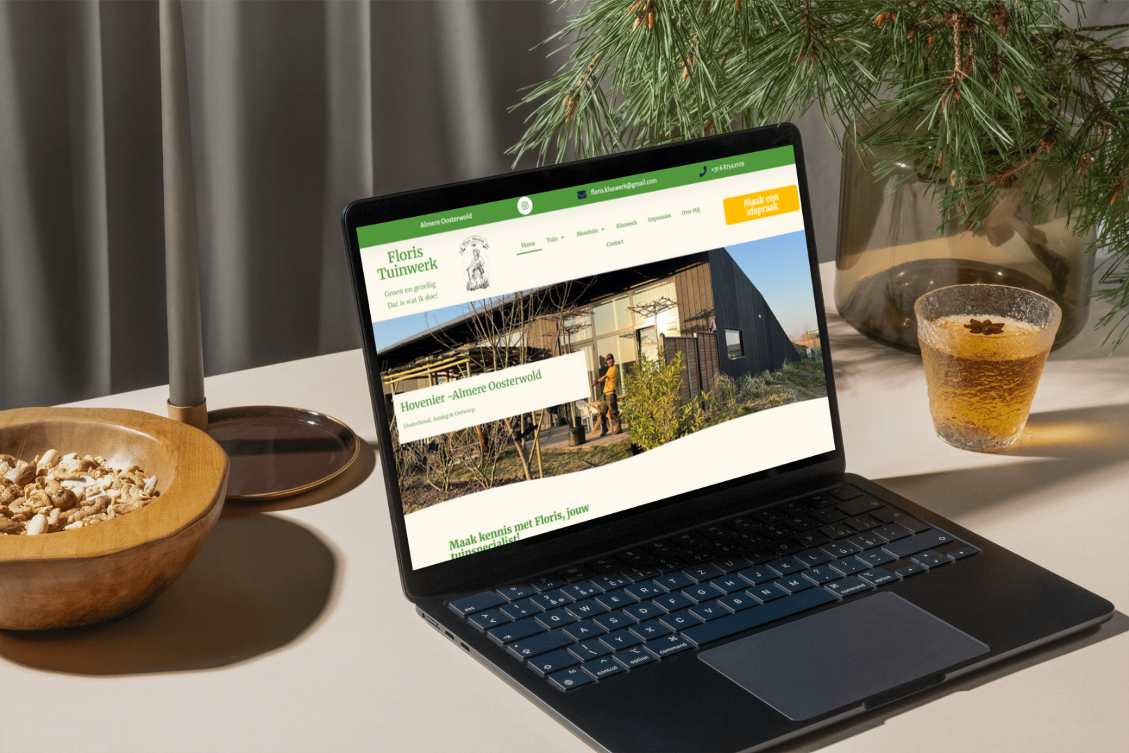 Frisse website voor tuinaanleg en onderhoud, met lokale SEO en dienstenoverzicht.